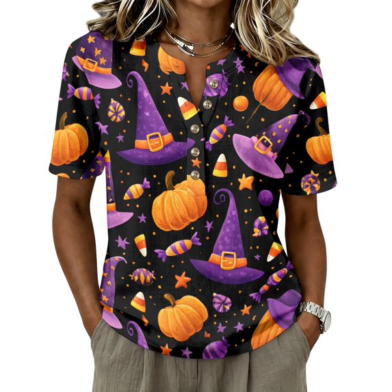 Wutalume Halloween Costume Scrubs for Women - V-Neck Printed with Pockets, Short Sleeve Medical Uniform, Lightweight Casual Nurse Shirt,Purple XL