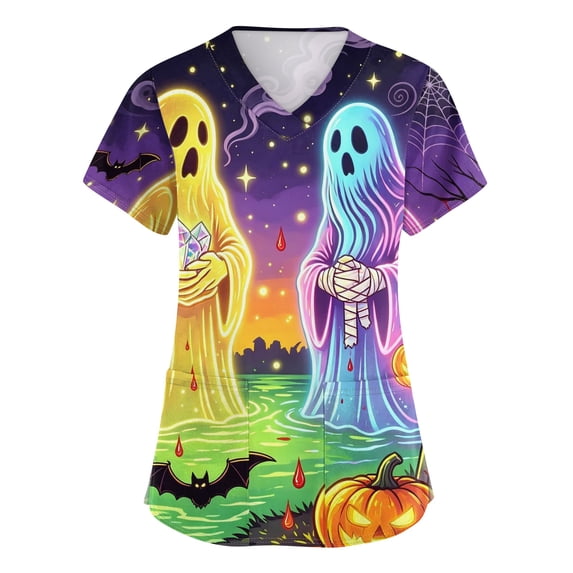 Wutalume Halloween Costume Scrubs for Women - V-Neck Printed with Pockets, Short Sleeve Medical Workwear for Nurses, Comfortable Clinic Shirt,Blue XL