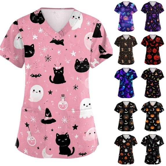 Wutalume Halloween Costume Scrubs for Women - V-Neck with Pockets, Short Sleeve Medical Work Shirt for Nurses, Comfortable Uniform,Watermelon Red S