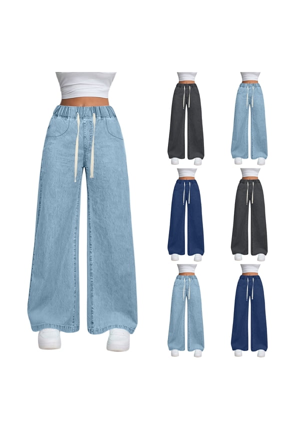High Waisted Jeans for Women Drawstring Wide Leg, Adjustable Loose Straight Cut Denim Pants for Casual Comfort,Gray M