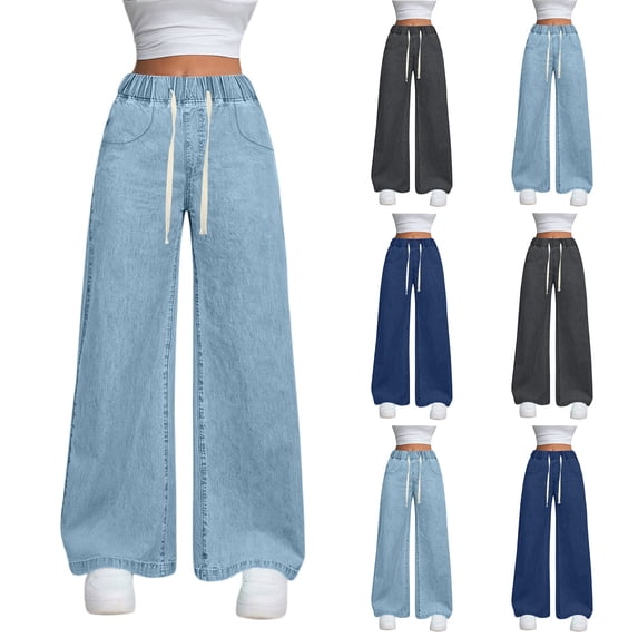 Wutalume High Waisted Jeans for Women Drawstring Wide Leg, Adjustable Loose Straight Cut Denim Pants for Casual Comfort,Gray XL