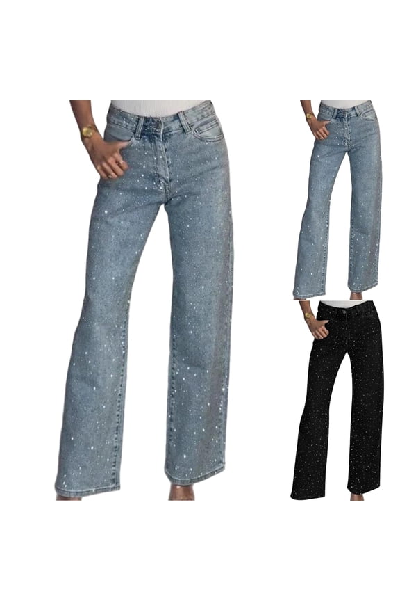 High Waisted Jeans for Women Rhinestone Embellished, Straight Wide Leg Sparkly Denim Pants for Party & Evening Outfits,Black M