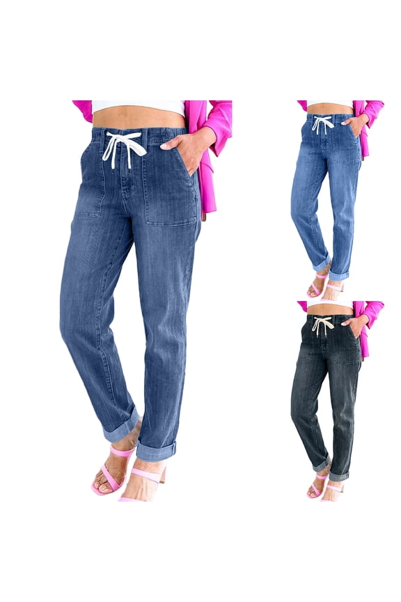 Jeans for Women Slim Fit Straight Leg, Versatile Casual Pants with Cuff Hem, Pure Color Denim for Easy Styling,Black 2XL