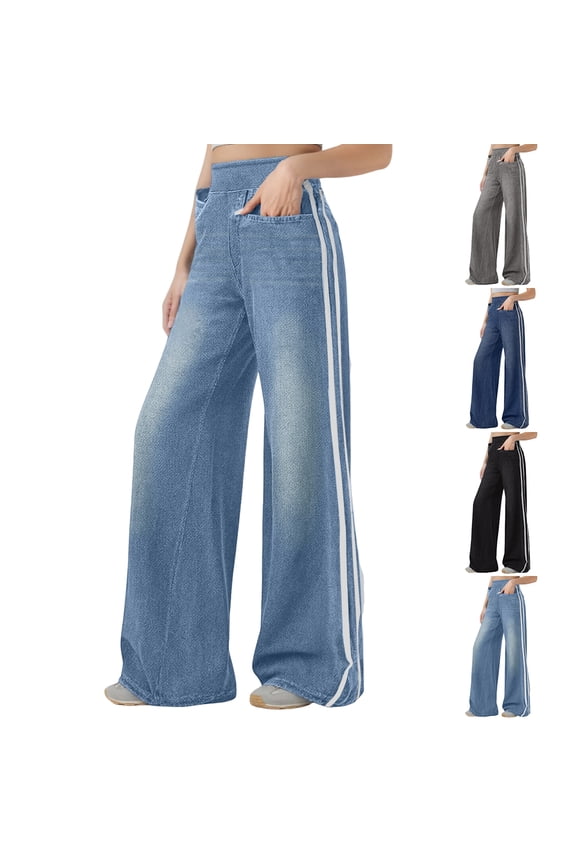 Jeans for Women Washed Blue Side Striped, High Street Retro Straight Leg Denim, Versatile for Casual & Urban Looks,Blue 2XL