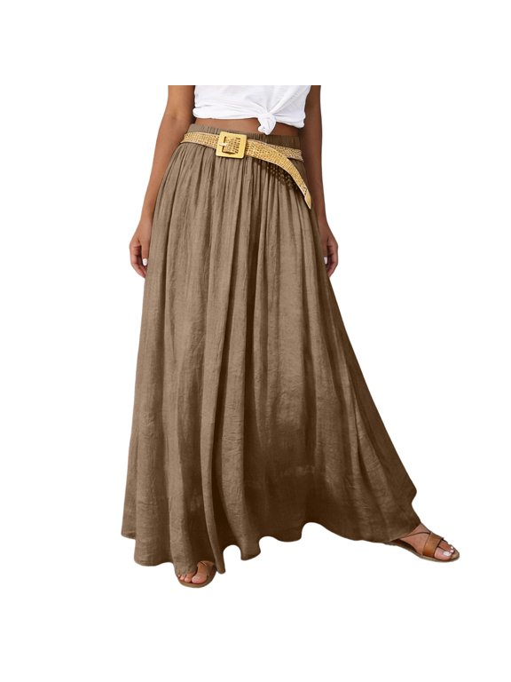 Long Skirts for Women Cotton Linen Maxi Skirt, Elastic High Waist A-Line Skirt, Solid Color Flowy Long Skirt, Casual Boho Swing Skirt with Pockets,Coffee L