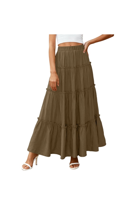 Long Skirts for Women Cotton Linen Maxi Skirt, Solid Color Elastic High Waist, Loose Fit A-Line Long Skirt with Hem Stitching, Casual Boho Beach Skirt,Light Brown 2XL