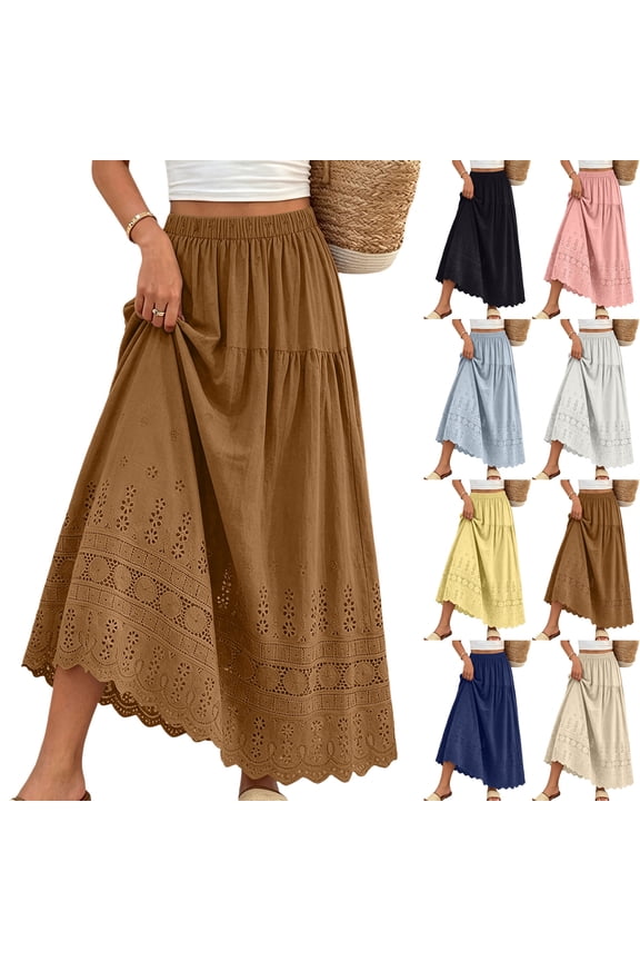 Maxi Skirts for Women Flowy - High Waist Elastic A-Line Cutout Patchwork Flared Maxi Skirt, Stretch Boho Casual for Beach Vacation Summer,Black One Size
