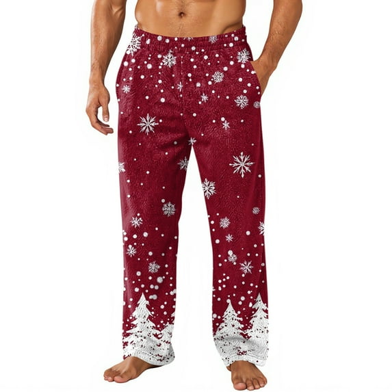 Wutalume Men's Allover Printed Home Pants with Christmas Design, Made for Sleep and Pajama Use, Featuring Soft Fleece and Pockets for Comfort,Deep Red 3XL