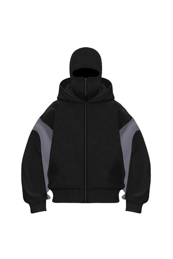 Men's Balaclava Hoodie Double Hooded Zip Jacket, Windproof Streetwear for Men, Loose Fit with Color Block Design, Ideal for Casual and Outdoor Activities,Gray L