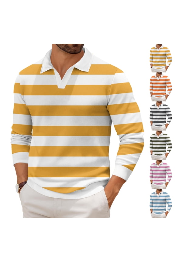 Men's Casual Knit Shirt, Lapel Collar Long Sleeve Printed Top with Striped Pattern, Stretch Fabric for Layering, Business Casual and Daily Use,Green XL