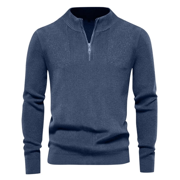 Wutalume Men's Casual Loose Fit Solid Color Semi-Zipper Stand-Up Collar Sweater, Warm Long Sleeve Pullover Knitted Top for Relaxed Wear,Blue M