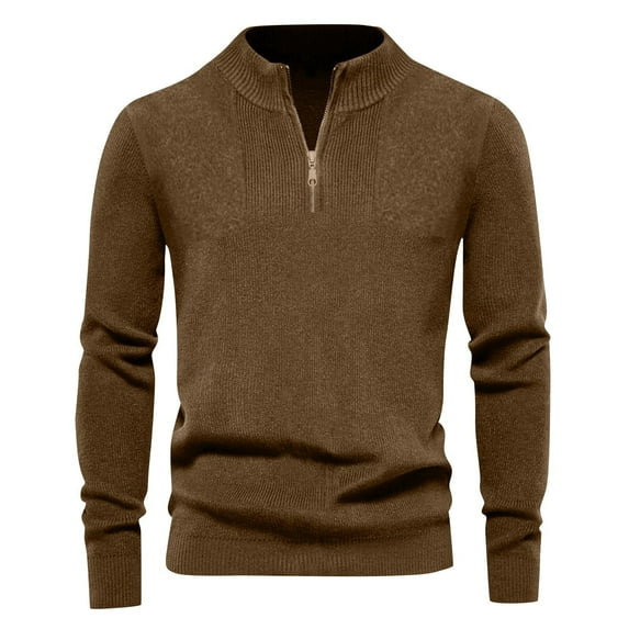 Wutalume Men's Casual Loose Fit Solid Color Semi-Zipper Stand-Up Collar Sweater, Warm Long Sleeve Pullover Knitted Top for Relaxed Wear,Brown 4XL