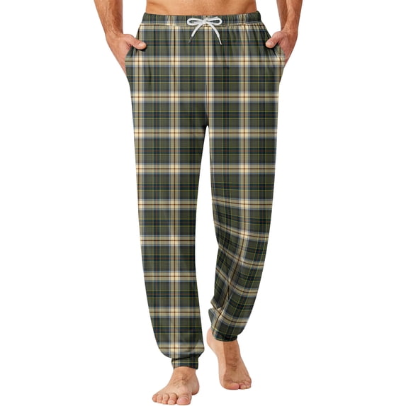 Wutalume Men's Casual Pants with Drawstring Waistband, Cuffed Legs, and Pockets, Featuring a Plaid Checkered Pattern, Great for Home Use, Sleeping,Army Green L