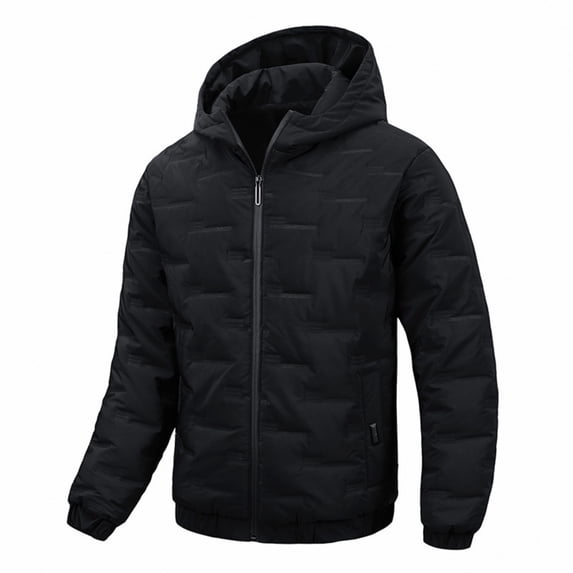 Wutalume Men's Casual Solid Color Embossed Textured Thick Cotton Jacket, Men's Cotton-Padded Warm Hooded Long-Sleeved Coat, Durable and Fashionable for Cold Weather Wear,Black L