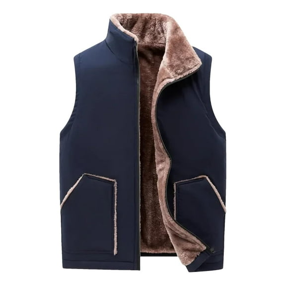 Wutalume Men's Casual Solid-Color Lambskin Vest with Thickened Fleece Collar, Warm Sleeveless Jacket for Men, Ideal for Layering in Cool Weather for Casual and Outdoor Wear,Navy L