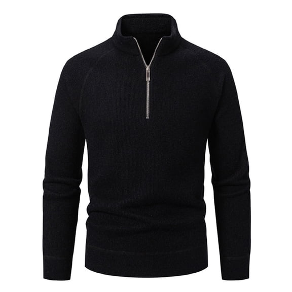 Wutalume Men's Casual Solid Color Thickened Sweater, New Stand-Up Collar Semi-Zipper Fitted Knitted Top for a Slim Fit,Black 2XL