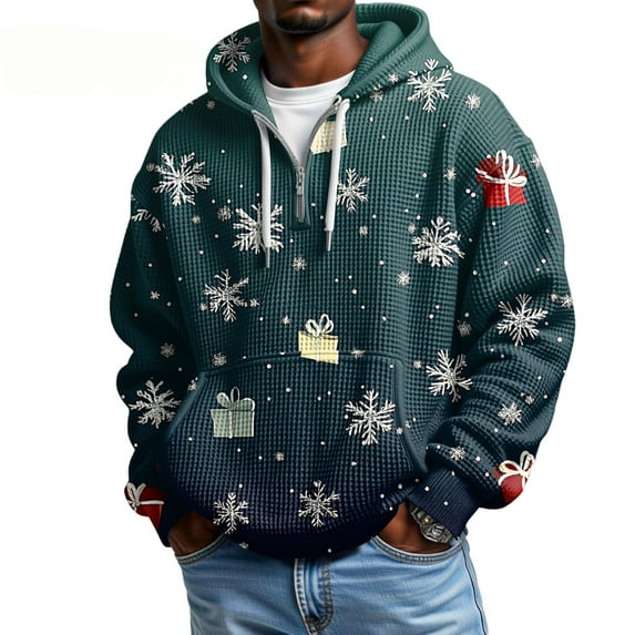 Wutalume Men's Casual Solid Color Zipper Long Sleeve Hooded Sweatshirt, Everyday Pullover with Christmas Print, Waffle Texture for Comfort and Style,Dark Green 3XL