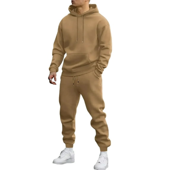 Wutalume Men's Casual Sports Solid Color Hooded Sweatshirt Pullover with Long Sleeved Pants Set, Relaxed Fit for Training and Everyday Comfort,Camel 2XL