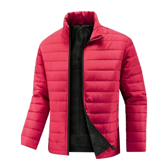 Wutalume Men's Casual Thin, Form-Fitting Stand-Up Collar Cotton Jacket, Men's Solid-Colored Long-Sleeved Shirt with Cotton and Warm Zipper Jacket, Lightweight for Layering,Red 4XL
