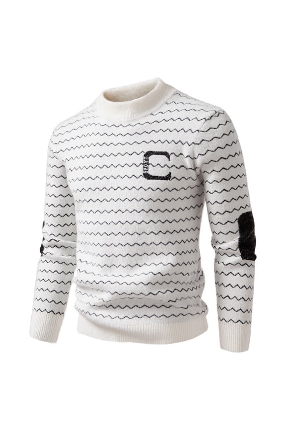 Men's Casual and Trendy Wavy Line Printed Knitted Sweater, Semi-High Round Neck Pullover Base Layer for Stylish Looks,White L