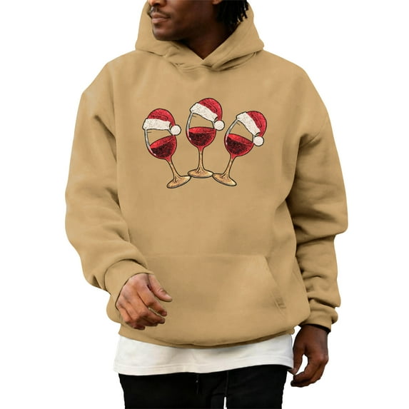 Wutalume Men's Christmas Letter Hooded Sweatshirt, Casual Long Sleeve Pullover with Festive Design, Soft and Warm Fabric for Holiday Parties and Daily Use,Camel L