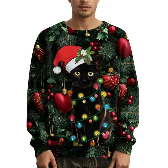 Wutalume Men's Christmas Themed Printed Collar Sweater, Colorful and Joyful, Great for Holiday Gatherings and Casual Wear,Army Green L