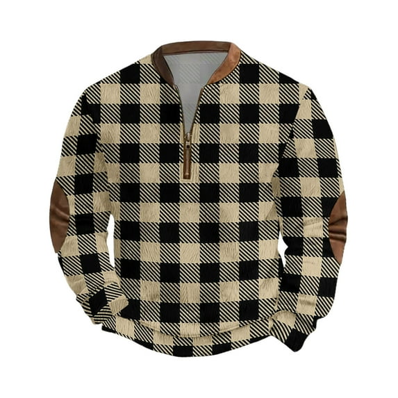 Wutalume Men's Christmas Zip Up Sweatshirt with Plaid Print and Stand Collar, Vintage Style Pullover Tops, Loose Fit Long Sleeve for Casual and Sports Wear,Army Green L