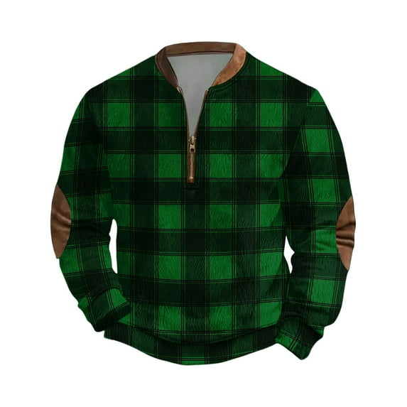 Wutalume Men's Christmas Zip Up Sweatshirt with Plaid Print and Stand Collar, Vintage Style Pullover Tops, Loose Fit Long Sleeve for Casual and Sports Wear,Dark Green XL
