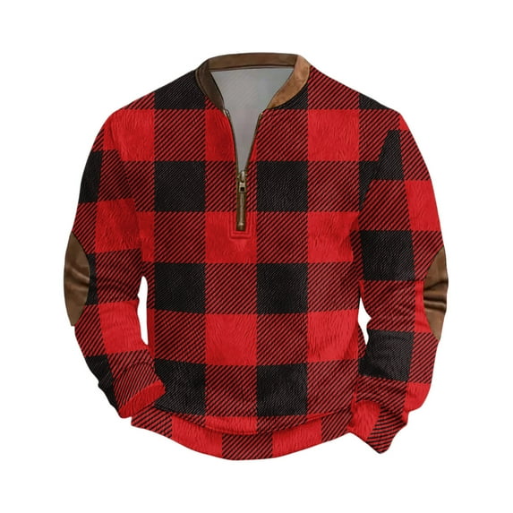 Wutalume Men's Christmas Zip Up Sweatshirt with Plaid Print and Stand Collar, Vintage Style Pullover Tops, Loose Fit Long Sleeve for Casual and Sports Wear,Red 4XL