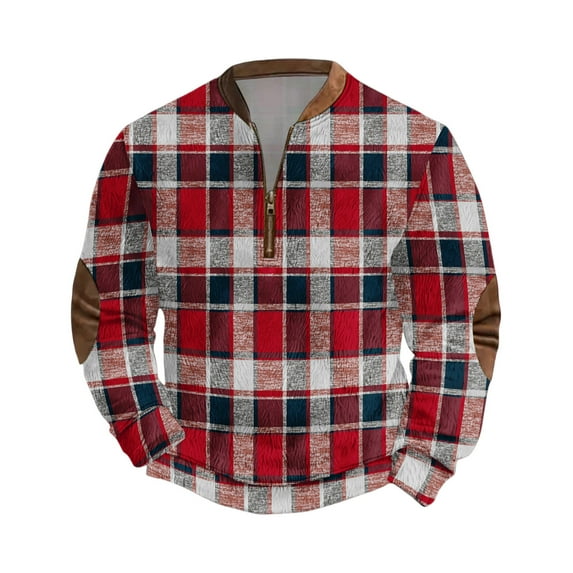 Wutalume Men's Christmas Zip Up Sweatshirt with Plaid Print and Stand Collar, Vintage Style Pullover Tops, Loose Fit Long Sleeve for Casual and Sports Wear,Wine S