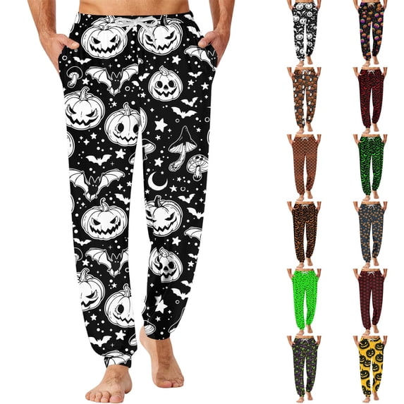 Wutalume Men's Drawstring Jogger Pants Pocket - Casual Halloween Sleepwear for Home, Cuffed Lounge Bottoms with Spooky Print, Comfortable Pajamas for Men for Lounging