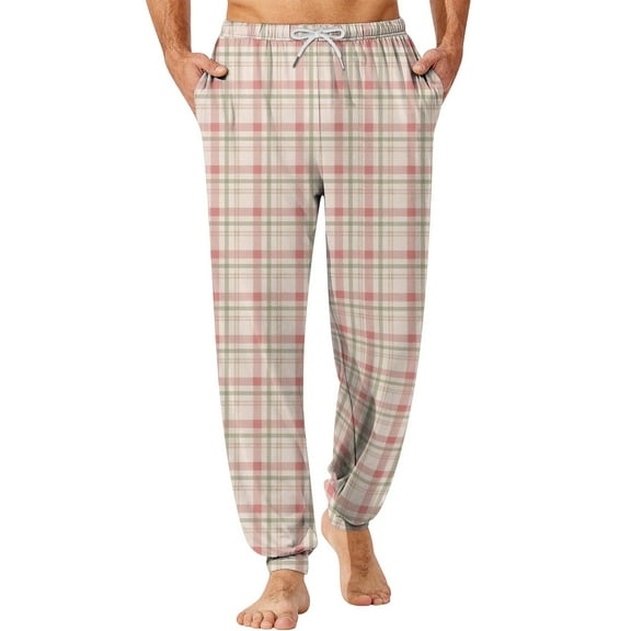 Wutalume Men's Drawstring Pocket Cuffed Casual Pants with Checkered Print, Designed for Home and Sleep Wear, Offering Comfort with Elastic Waist,Pink M