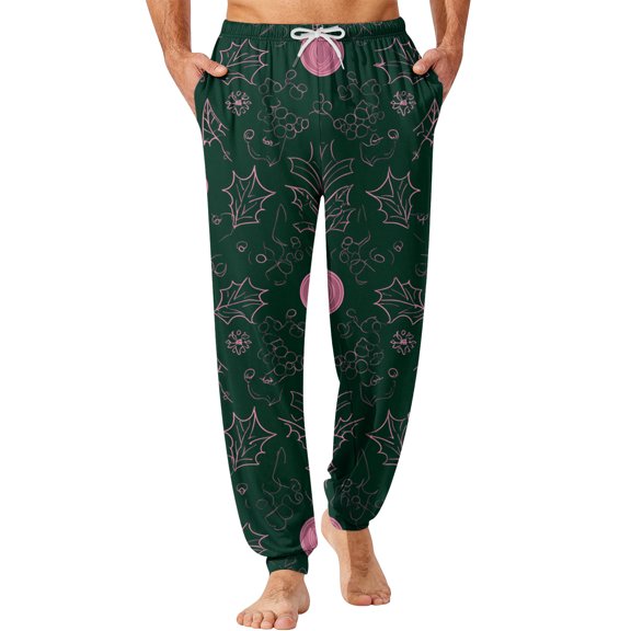 Wutalume Men's Drawstring Pocket Cuffed Casual Pants with Christmas Print, Ideal for Home Sleep and Lounge Wear, Featuring Elastic Waistband and Comfortable Fabric,Dark Green L