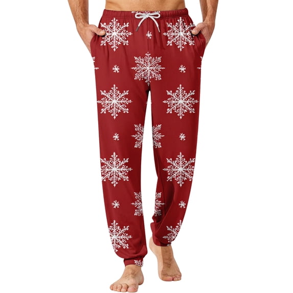 Wutalume Men's Drawstring Pocket Cuffed Casual Pants with Christmas Print, Soft Home Sleep Pants for Lounge, Holiday Wear, and Comfortable Relaxation,Red M