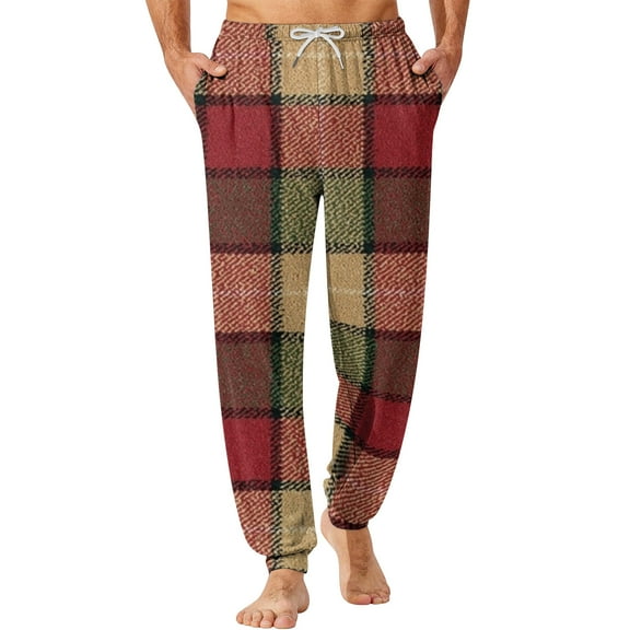 Wutalume Men's Drawstring Pocket Cuffed Casual Pants with Checkered Pattern, Soft Home Sleep Pants for Comfortable Wear and Relaxation,Deep Red M
