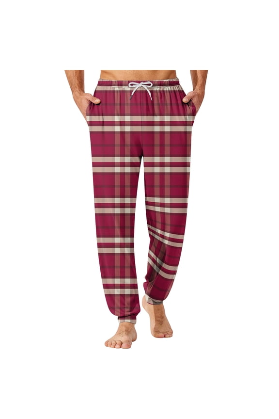 Men's Drawstring Pocket Cuffed Casual Pants with Checkered Pattern, Soft Home Sleep Pants for Comfortable Wear and Relaxation,Red 2XL