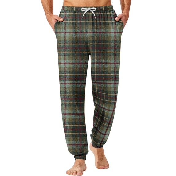 Wutalume Men's Drawstring Pocket Cuffed Casual Pants with Checkered Print, Comfortable Home Sleep Pants for Everyday Wear and Relaxation,Army Green L
