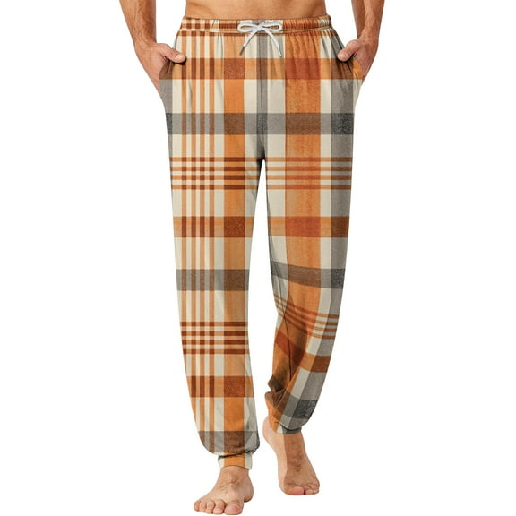 Wutalume Men's Drawstring Pocket Cuffed Casual Pants with Checkered Print, Comfortable Home Sleep Pants for Everyday Wear and Relaxation,Orange L