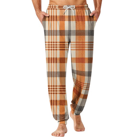 Wutalume Men's Drawstring Pocket Cuffed Casual Pants with Checkered Print, Comfortable Home Sleep Pants for Everyday Wear and Relaxation,Orange XL