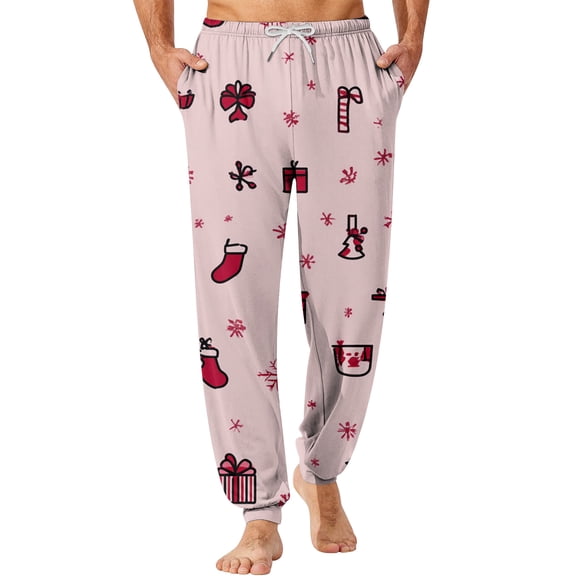 Wutalume Men's Drawstring Pocket Cuffed Casual Pants with Festive Christmas Print, Soft Home Sleep Pants for Holiday Season and Cozy Nights,Pink 3XL