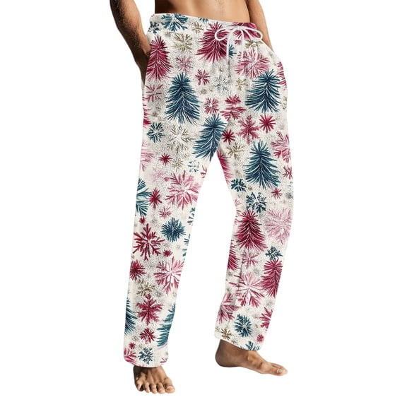 Wutalume Men's Drawstring Pocket Flannel Pants with Christmas Theme, Cozy Homewear Sleep Pants for Winter Comfort and Indoor Activities,White M