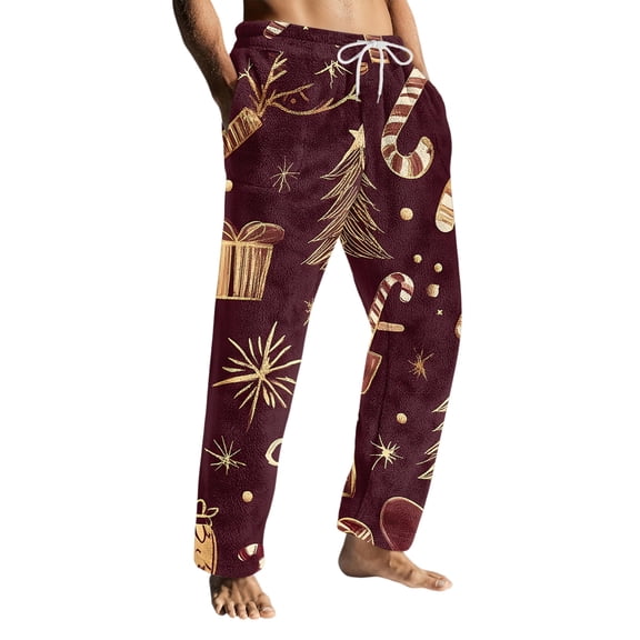 Wutalume Men's Drawstring Pocket Flannel Pants with Christmas Theme, Cozy Homewear Sleep Pants for Winter Comfort and Indoor Activities,Wine M