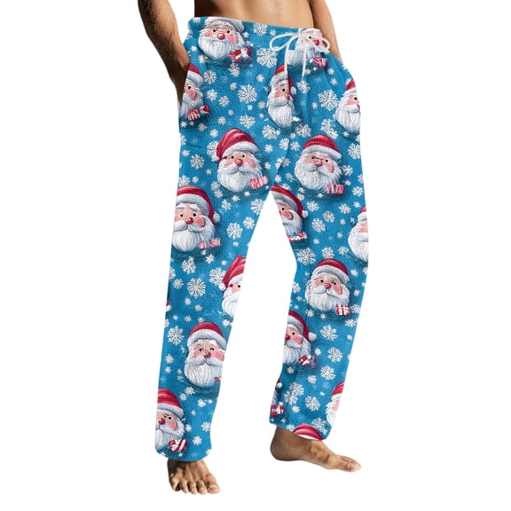 Wutalume Men's Drawstring Pocket Flannel Pants with Christmas Theme, Cozy Homewear Sleep Pants for Winter Nights and Indoor Comfort,Light Blue M