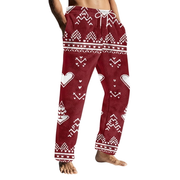 Wutalume Men's Drawstring Pocket Flannel Pants with Christmas Theme, Cozy Homewear Sleep Pants for Winter Nights and Indoor Comfort,Wine M