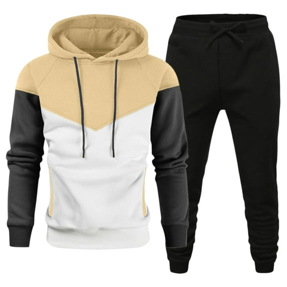 Wutalume Men's Fall and Winter Hooded Sports Set, Fleece-Lined Warm and Cozy Athletic Outfit with Pullover Hoodie and Jogger Pants,for Outdoor Activities and Gym Training,Khaki M