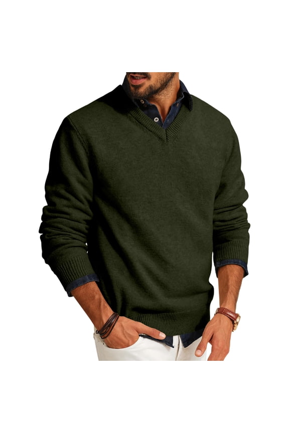Men's Fashion V-Neck Casual Knit Lightweight Dress Sweater Long Sleeve Slim Fit for Fall and Winter Pullover Style,Army Green M