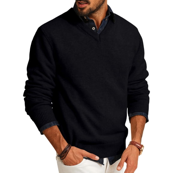 Wutalume Men's Fashion V-Neck Casual Knit Lightweight Dress Sweater Long Sleeve Slim Fit for Fall and Winter Pullover Style,Black 3XL