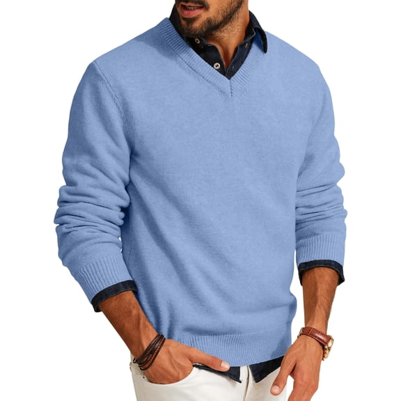 Wutalume Men's Fashion V-Neck Casual Knit Lightweight Dress Sweater Long Sleeve Slim Fit for Fall and Winter Pullover Style,Light Blue M
