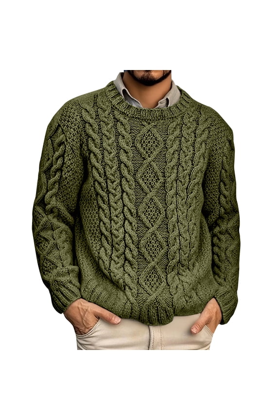 Men's Fashionable Casual Round Neck Pullover Long Sleeve Knitted Sweater, Soft and Comfortable, Ideal for Daily Use,Army Green L