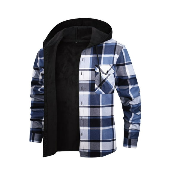 Wutalume Men's Flannel Button-Up Jacket with Plaid Design, Fleece Lined for Warmth, Chest Pockets for Storage, Casual and Stylish for Daily, Work and Weekend Wear,Blue L